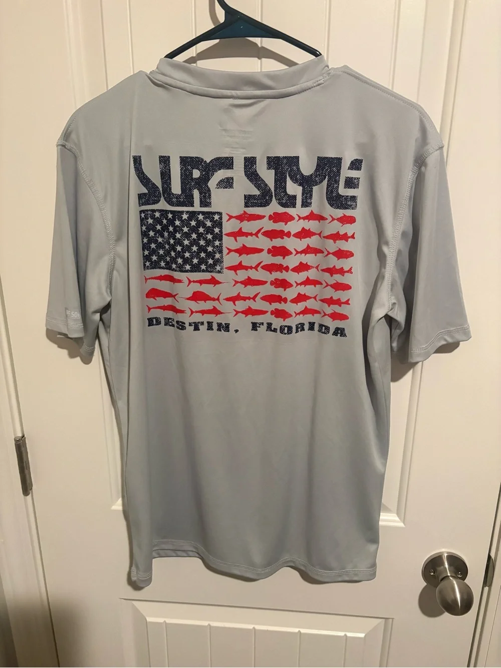 surf style Light Gray Women’s Swim Coverup Shirt with Flag Graphic